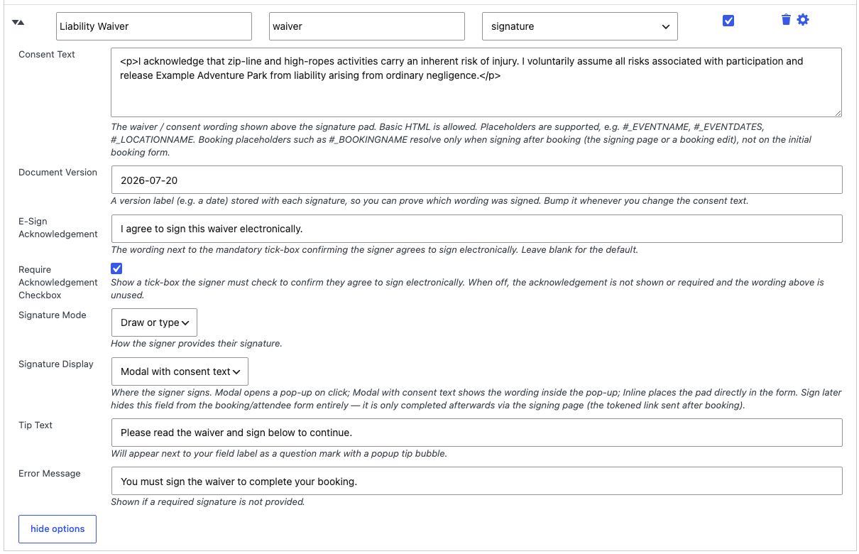 The signature field type in the Forms Editor, showing its options panel