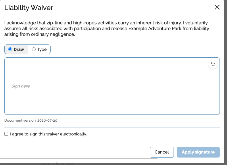 The signing modal in Draw mode, showing the consent text and signature pad