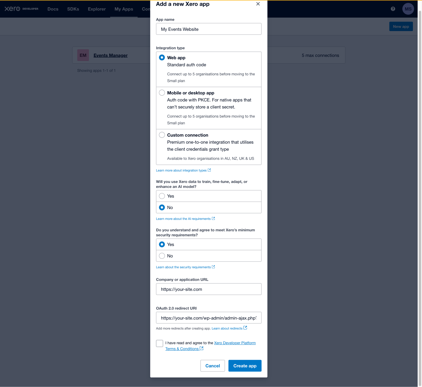 The Xero New app form filled in — app name, Web app, company URL and redirect URI