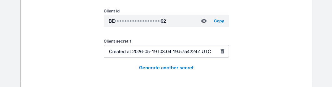 The app's Configuration page showing the Client id and the Generate a secret button