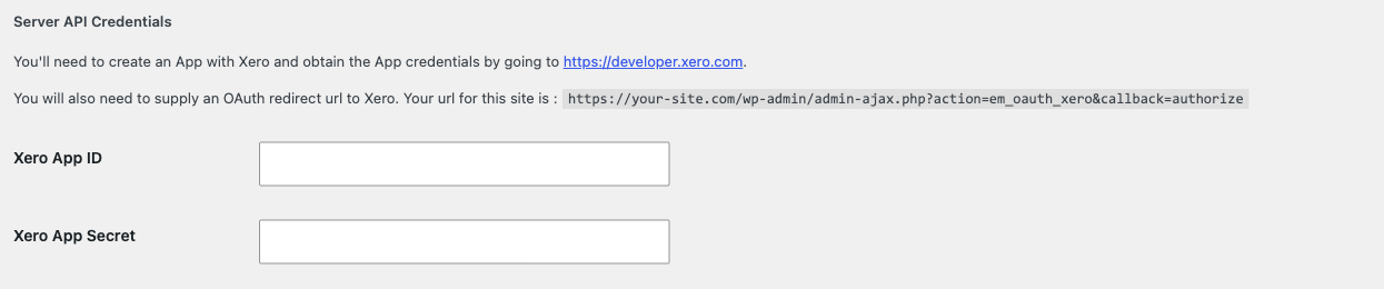 The Xero Connection tab: App ID and App Secret fields, and your site's redirect URI