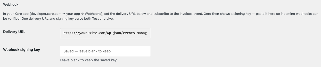 The Webhook section: the Delivery URL and the Webhook signing key field
