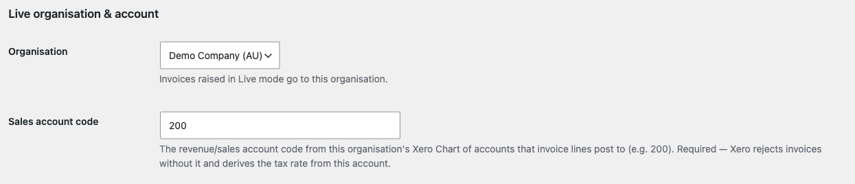The Live tab: the Organisation dropdown and the Sales account code field