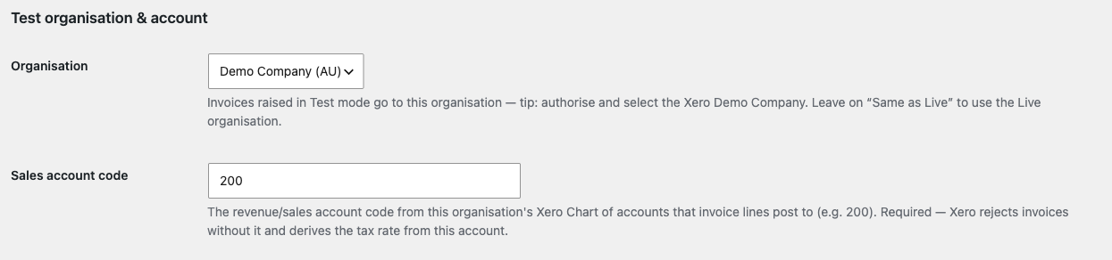 The Test tab: the Organisation (e.g. Demo Company) and the Sales account code