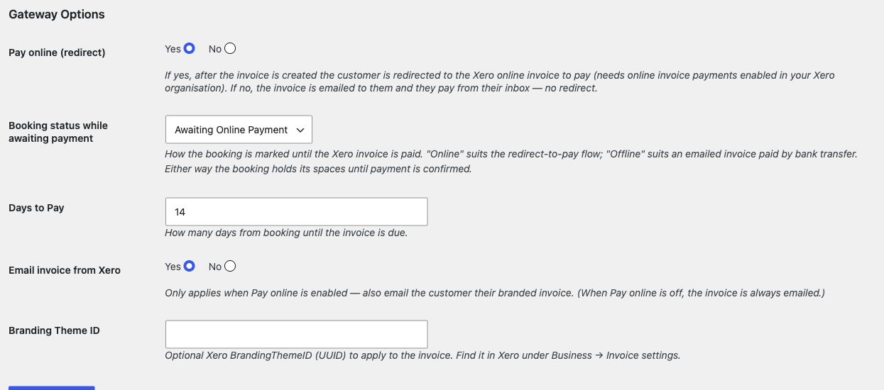 The Gateway Options tab: pay online, booking status, due days, email invoice and branding theme