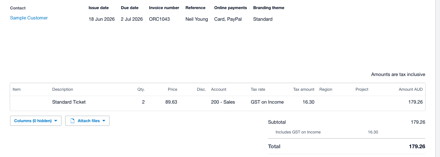 An invoice raised in Xero from a test booking — the event name appears as the reference