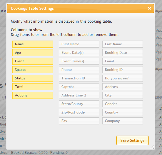 Click on the cog of a bookings admin table to choose your columns and other default values.