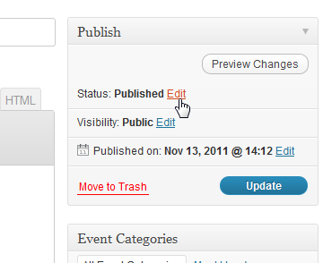Change the status of your event or location by clicking the 'Edit' link next to the status.