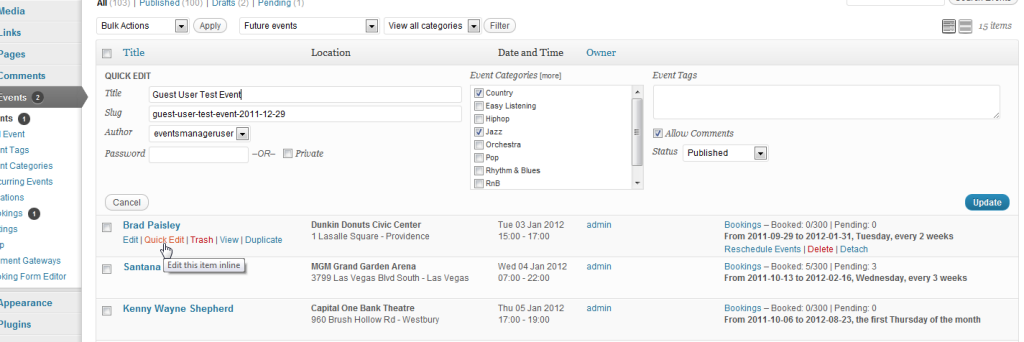 Hover over an event or location and click 'Quick-Edit' to edit basic information such as status.