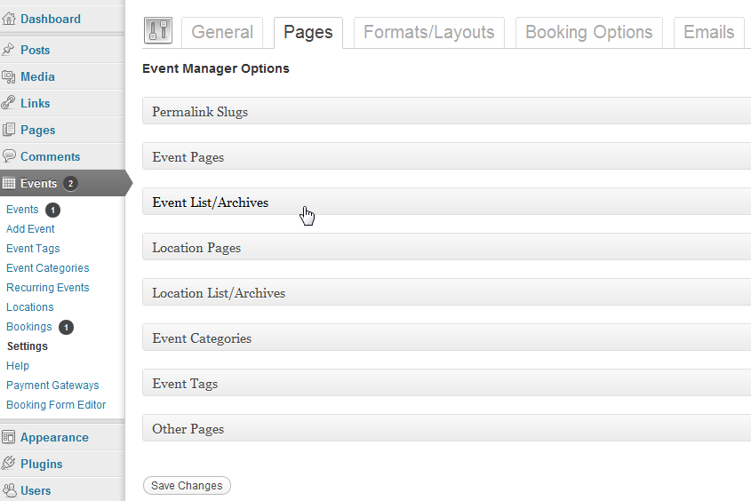 Set up your events pages in the Pages tab.