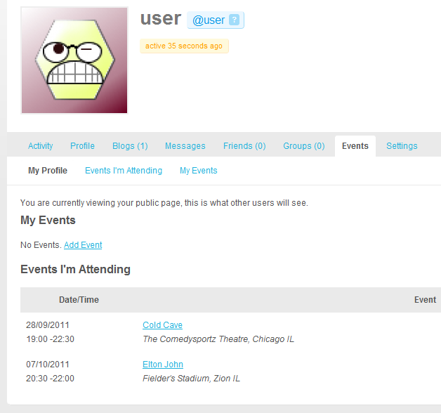 Events Dashboard/Profile page on Buddypress installations