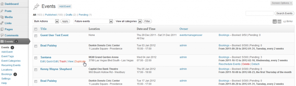Manage your events from the events admin page.