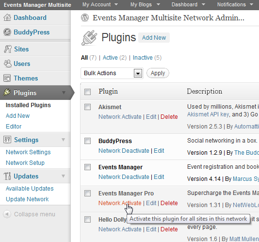 Network Activate Events Manager and Pro together.
