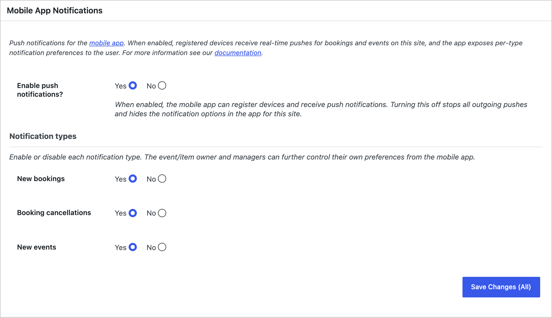 The Mobile App Notifications section of Events Manager settings