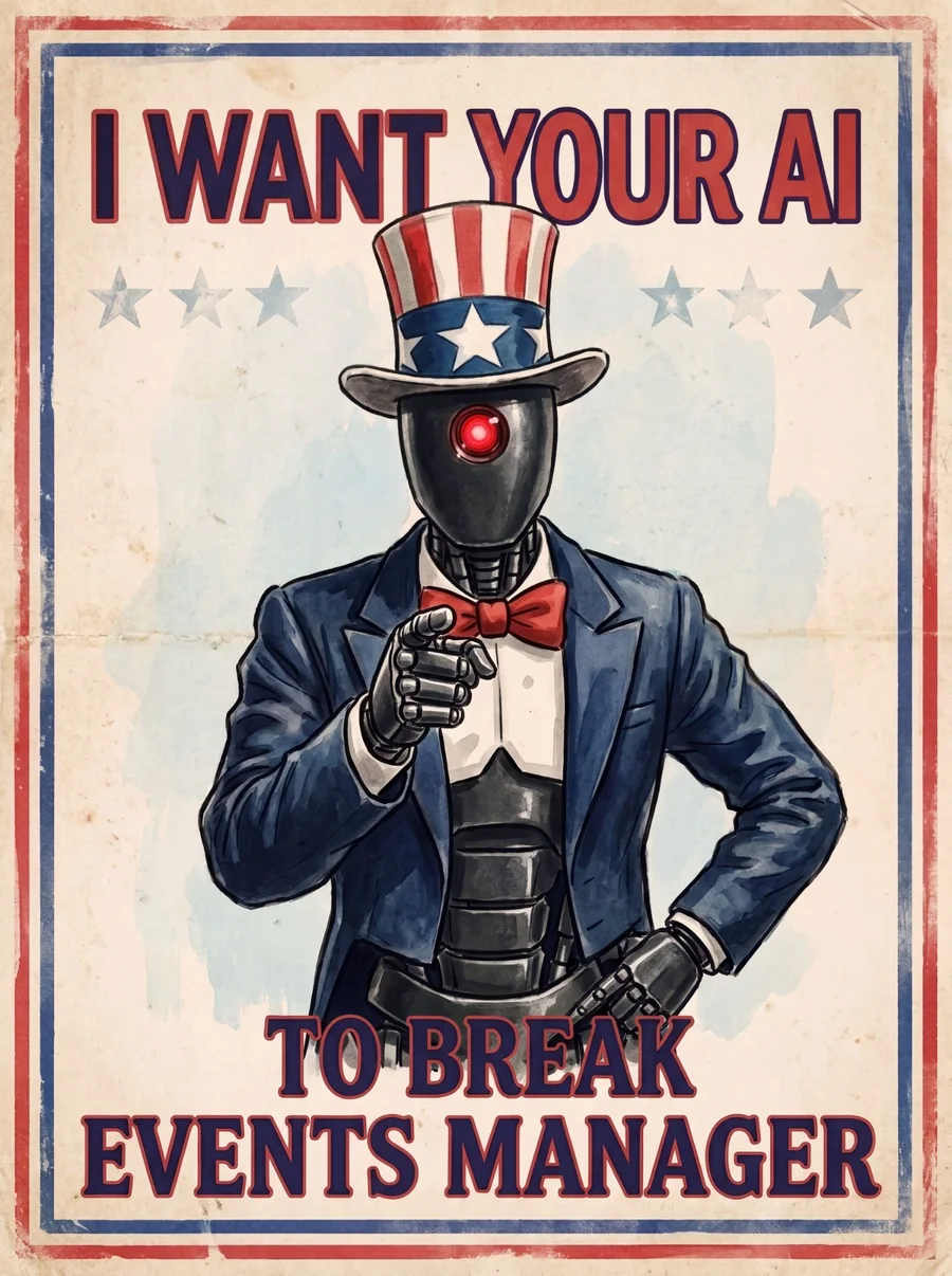 OmniDo in an Uncle Sam hat, pointing at you: I want your AI to break Events Manager