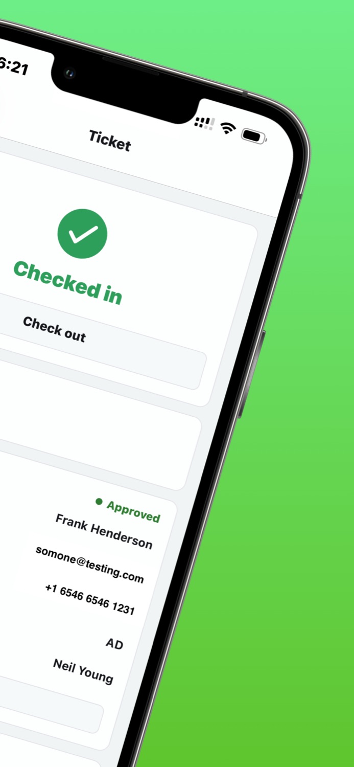 The Events Manager app showing an attendee checked in at the door