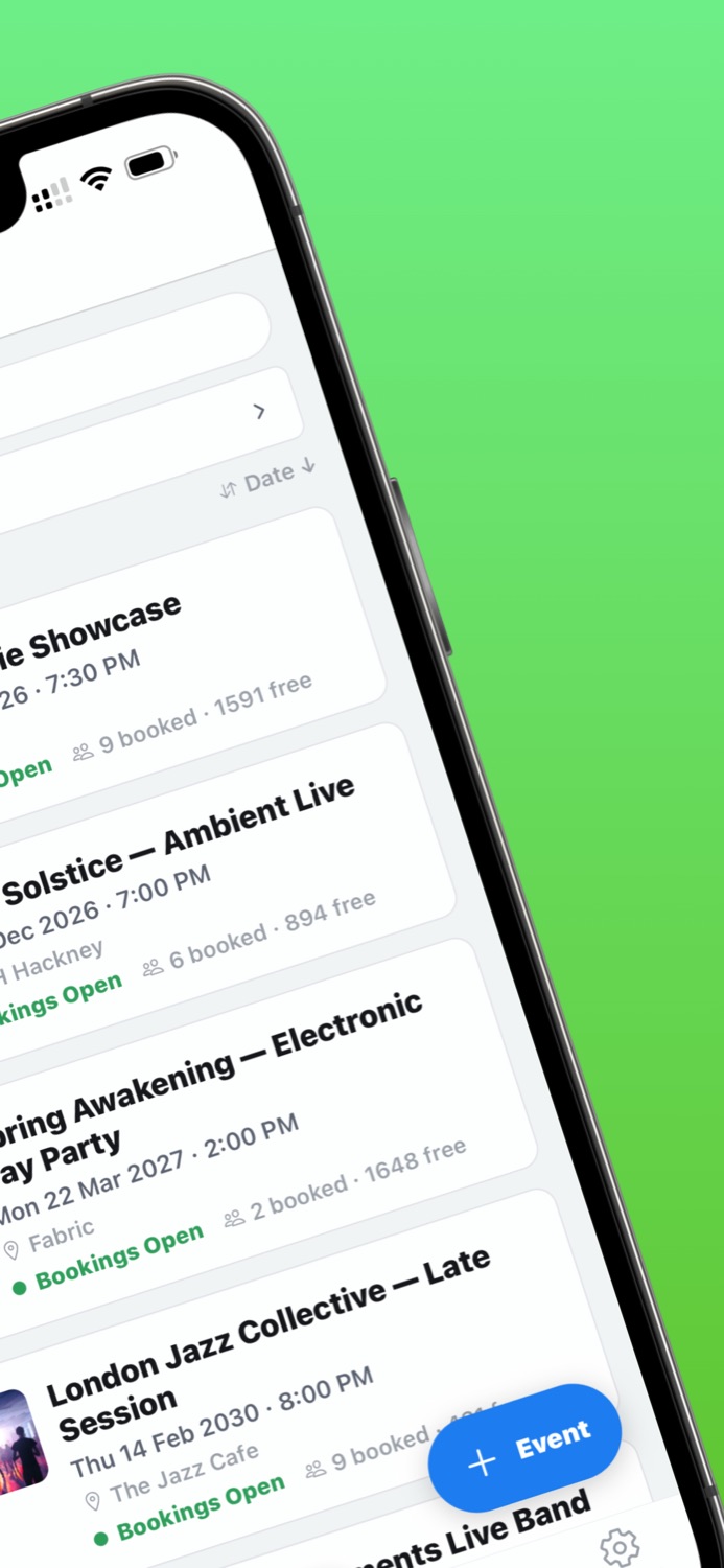 Events Manager mobile app showing your events list
