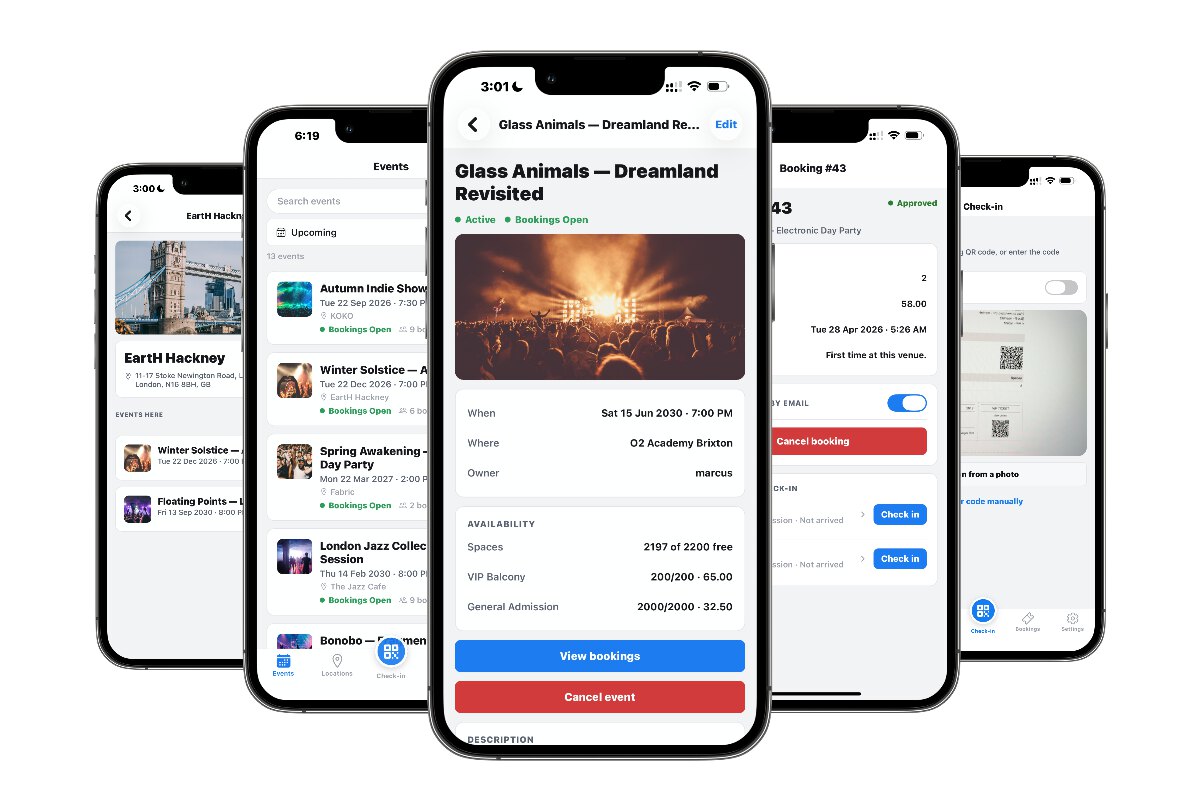 The Events Manager app shown across several phones — events, bookings, search and door check-in