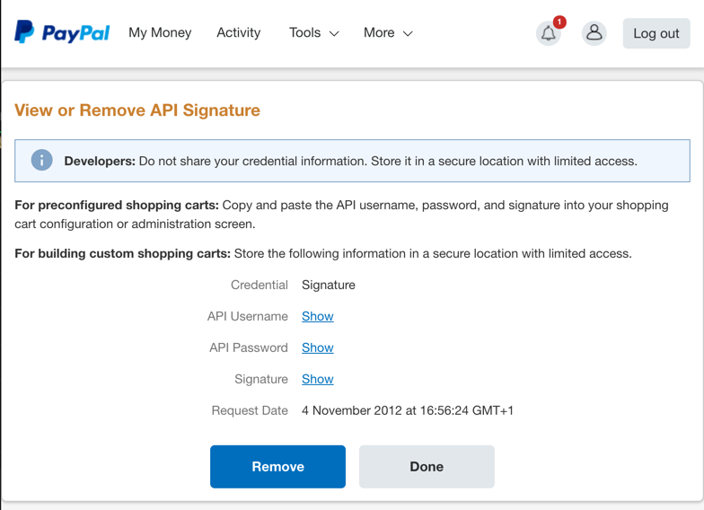 screenshot of api credentials page