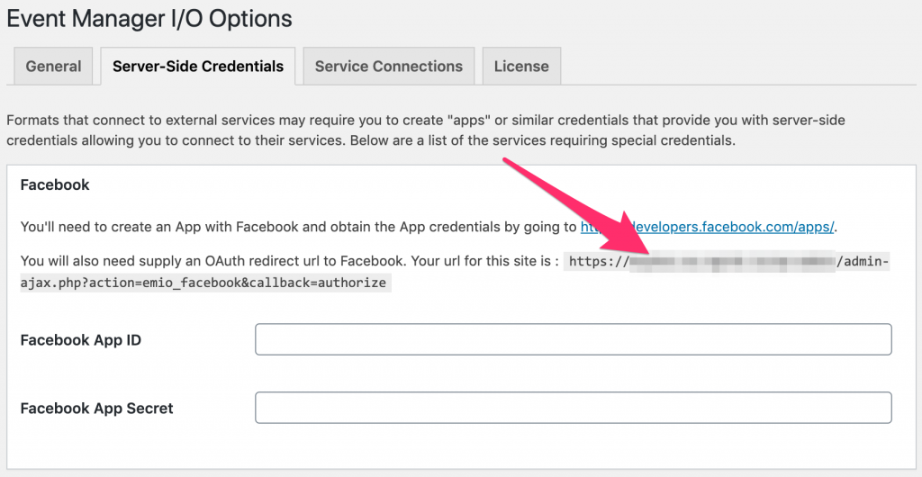 Facebook login documentation - configuration page